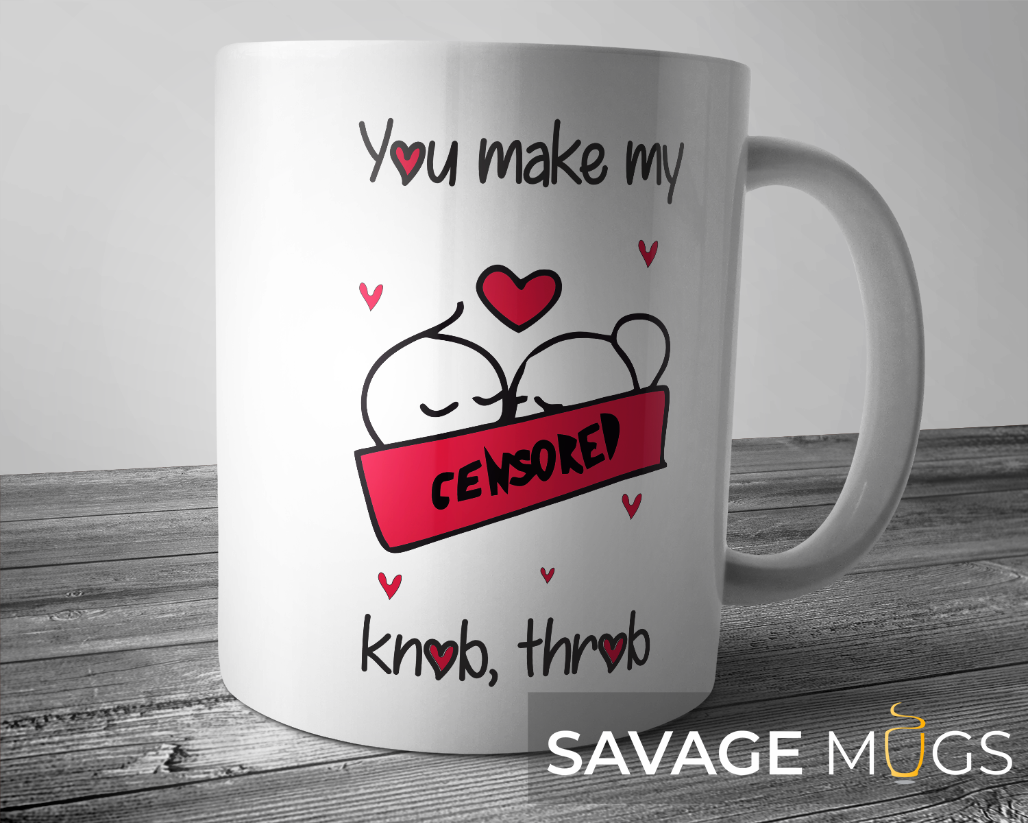 White ceramic mug with funny couple illustration and playful censored Valentine message