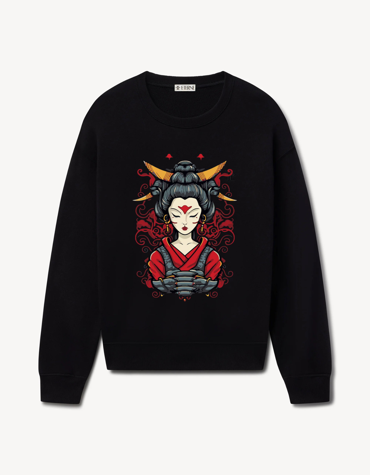 Black sweatshirt featuring a calm Japanese-inspired warrior with red accents and intricate detailing