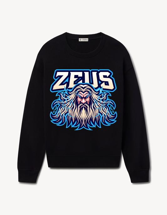 Black sweatshirt featuring Zeus with lightning effects and bold graphic design in blue and white